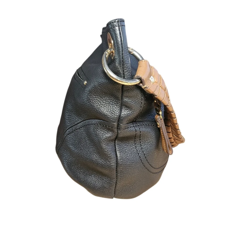 B. Makowsky Pebbled Leather Handbag Black Hobo Brown Accents